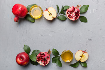 Flat lay composition with symbols jewish Rosh Hashanah holiday attributes on colored background, Rosh hashanah concept. New Year holiday Traditional. Top view with copy space