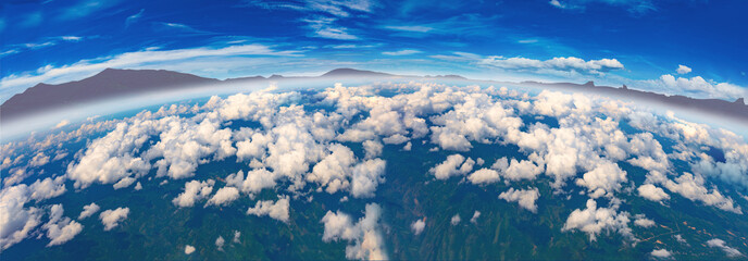 Vista panoramica del cielo. Cielo azul claro y nubes blancas, panorama de nubes desde arriba, vista...