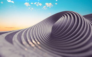 Detalle de arquitectura abstracta.Ilustración 3d. Detalle de la arquitectura moderna con ondas y círculos de cemento. Proyecto de construcción.