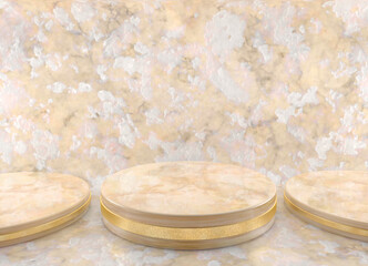 Plataformas de piedra brillante y mármol blanco en colores vivos y habitación vacía. Soporte de producto en blanco para la presentación del producto.ilustración 3d de pedestal y un escaparate.