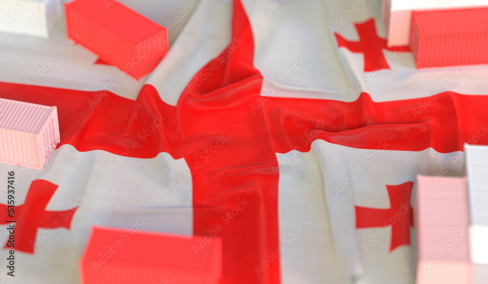 Poster flag of georgia and small cargo containers, export or import related 3d rendering