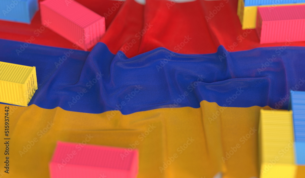 Poster flag of armenia and small cargo containers, export or import related 3d rendering