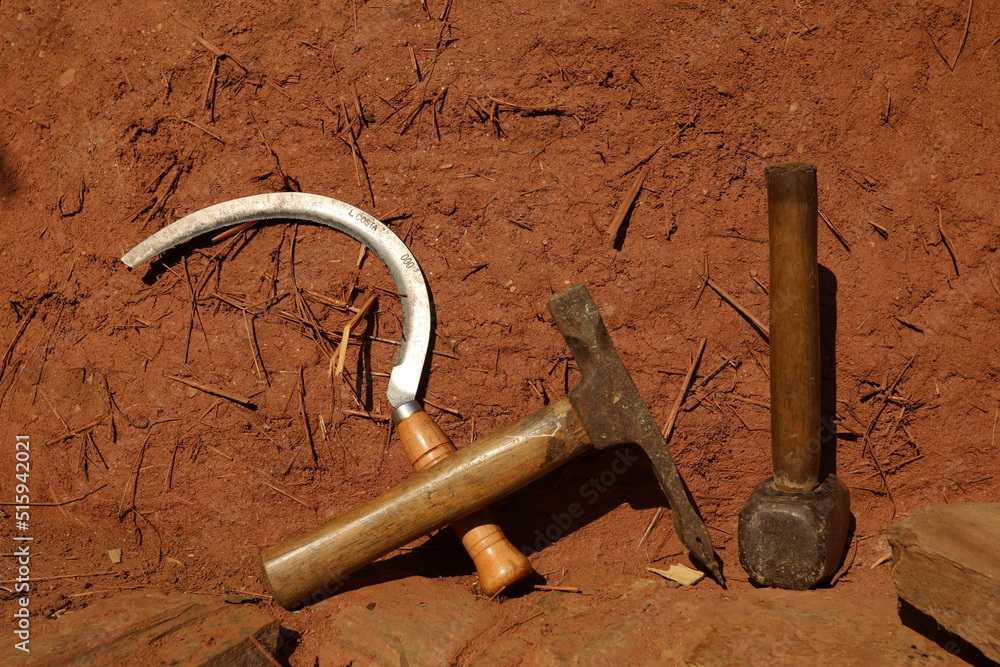 Canvas Prints tool kit for works: hammer, drilling machine, screw, wood, red earth