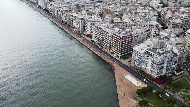White Tower of Thessaloniki, the most famous Historic Monument in the city. Aerial Panoramic view video