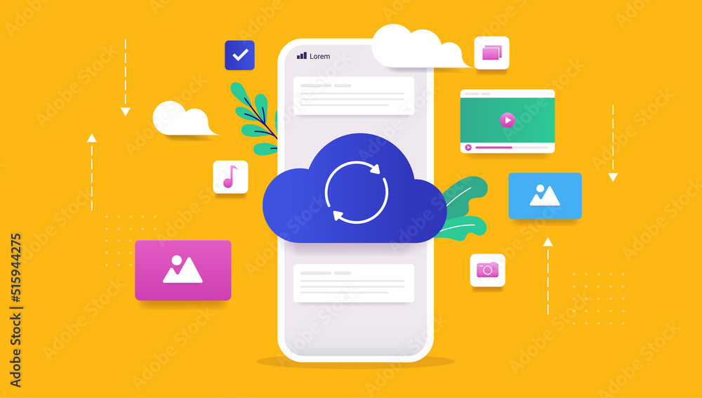 Poster Phone cloud backup - Smartphone with loading wheel and cloud symbol synchronising media and files. Vector illustration
