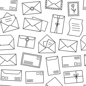 Hand drawn seamless pattern of mail envelope doodle. Postcard, letter in sketch style. Post and mail service.  Vector illustration