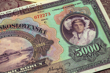 Detail of the Czechoslovak 5000 crowns banknote from 1920, 1st Republic