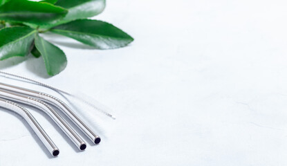 Reusable stainless steel straws and cleaning brush, eco friendly zero waste concept, horizontal