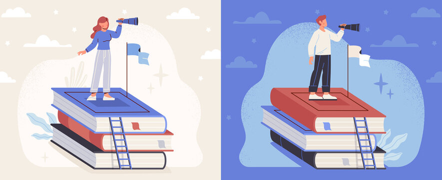 Skills for career opportunities concept. Male and female entrepreneurs climb onto stack of books and look to future. Improving personal qualities and education for business. Cartoon flat vector set