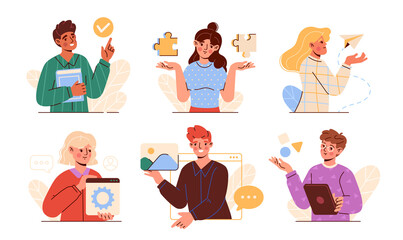 Set of Business people. Smiling men and women engaged in entrepreneurial activity. Young successful employees with various items and work. Cartoon flat vector collection isolated on white background