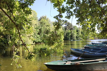 Fototapeta na wymiar green boats and paddle boats on a peaceful lake