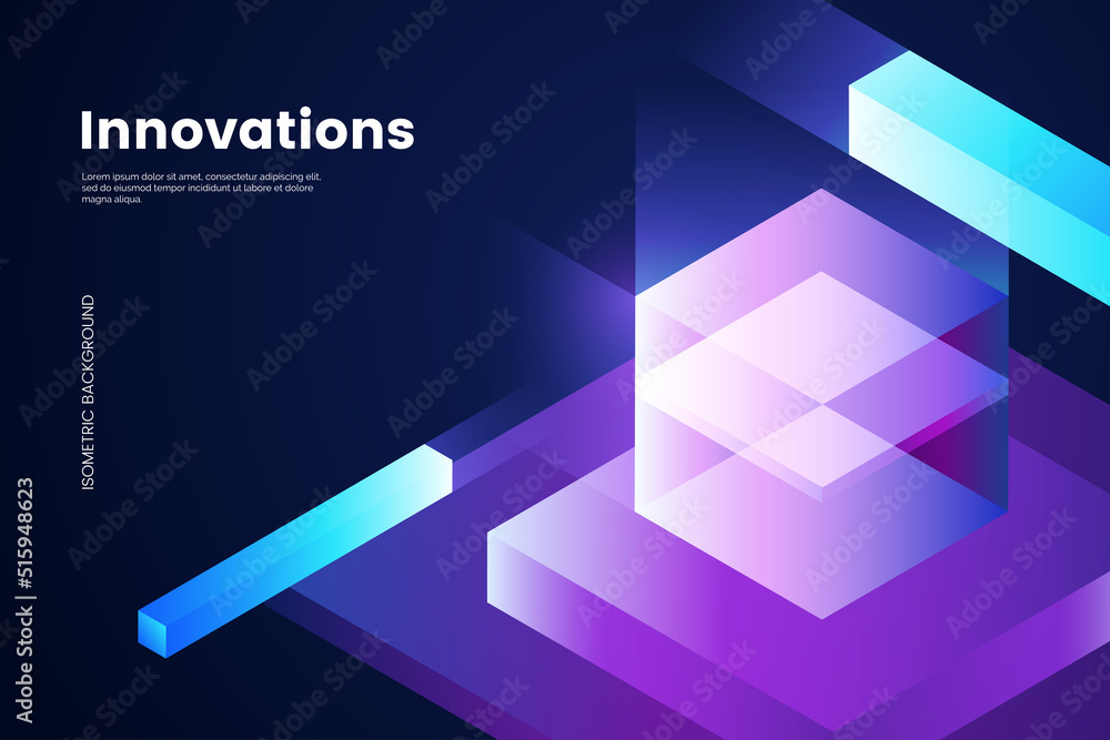 Aufkleber Abstract isometric background with glassy glowing cube and geometric shapes. Futuristic digital background in 3d style. Ideal for landing page, web banner, poster. Vector illustration