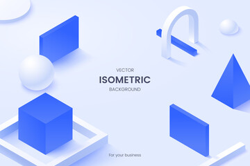 Abstract isometric background with white and blue geometric shapes and place for text. Composition with simple matte 3d shapes. Ideal for poster, presentation, banner, web page. Vector illustration - obrazy, fototapety, plakaty