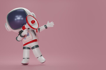 3D render  Astronaut Spaceman is holding a megaphone announces the news on pink background. Cartoon character astronaut holding megaphone in hand. 3D rendering illustration. © vensto