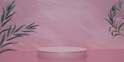 Shiny pink round pedestal with green leaves and shadow on background. The blank display or clean room for showing product. Minimalist mockup for podium display or showcase. 3D render illustration.