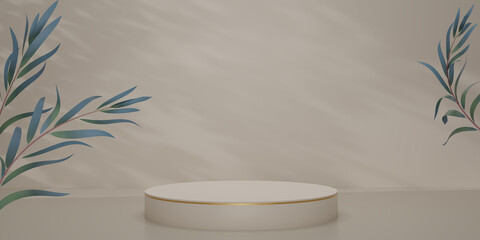 Shiny beige round pedestal with green leaves and shadow on background. The blank display or clean room for showing product. Minimalist mockup for podium display or showcase. 3D render illustration.