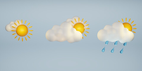 3D weather icons set. Set of Rain cloud, sun, and raindrops icon. Raindrops and sun. Cloud weather icon. 3d render illustration.
