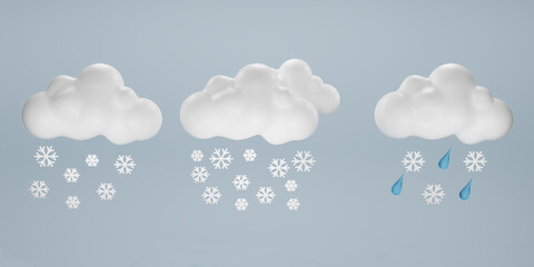 3D weather icons set. Set of Rain cloud, snow, and raindrops icon. Raindrops and snow. Cloud weather icon. 3d render illustration.