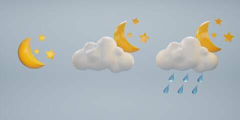 3D weather icons set. Set of Rain cloud, moon, and raindrops icon. Raindrops, Moon, and stars. Cloud weather icon. 3d render illustration.