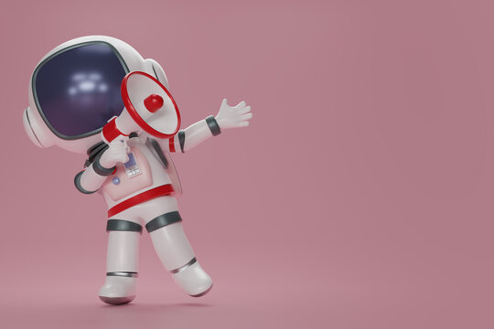 3D render  Astronaut Spaceman is holding a megaphone announces the news on pink background. Cartoon character astronaut holding megaphone in hand. 3D rendering illustration.