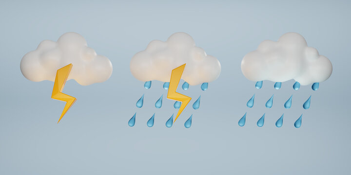 3D weather icons set. Set of Rain cloud, thunderbolt with lightning, and raindrops icon. Raindrops and thunder. Thunder cloud weather icon. 3d render illustration.