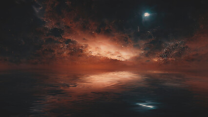 Obraz premium Dark neon abstract sunset, reflection of neon light in the water, waves. Fantastic sea night landscape. Space dust, nebula. 3d illustration