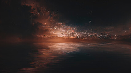 Dark neon abstract sunset, reflection of neon light in the water, waves. Fantastic sea night landscape. Space dust, nebula. 3d illustration