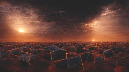 Futuristic fantasy landscape, sci-fi landscape with planet, neon light, cold planet. Dark natural scene, light cube Neon space galaxy portal, space dust, nebula. 3d illustration © MiaStendal