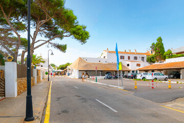 The main entrance to the whitewashed community and village of Binibeca Vell, Spain on the Mediterranean Spanish island of Menorca.