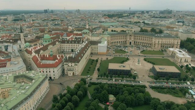Aerial view of the centre of the city of Vienna, Austria. Heldenplatz square