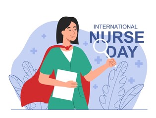 International Nurse day concept. Cute female doctor in uniform and superhero cape holding magnifying glass. Health care and medicine. Design for greeting card. Cartoon flat vector illustration