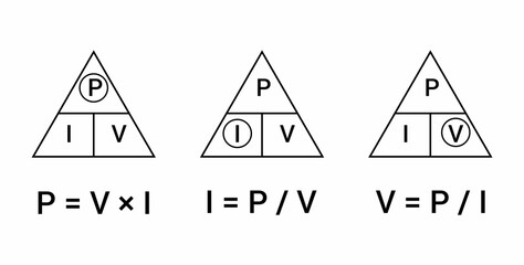 Watts amps volts formula in physics. Watts law. Power formula triangle in electricity - obrazy, fototapety, plakaty