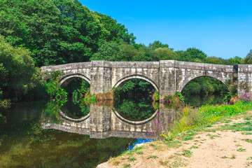 Fototapeta premium Puente romano en Galicia reflejado en un rio