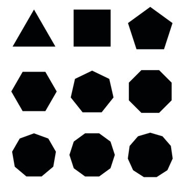 Different types of regular polygons. 2d geometric shapes. triangle, square, pentagon, hexagon, heptagon, octagon, nonagon, decagon, hendecagon, dodecagon vector illustration on white background.