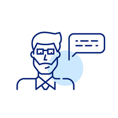 Man wearing a tie and glasses sharing information in chat form. Pixel perfect, editable stroke line art icon