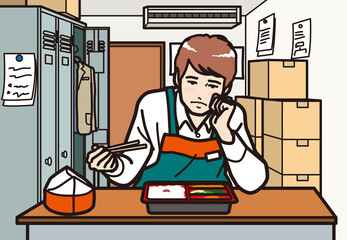 アルバイトの男性　憂鬱な食事　休憩室