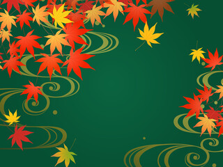 紅葉と流水紋の和風背景_緑_ベクターイラスト
