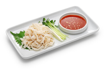 Boiled, peeled and whitened beef omasum sashimi. Korean food
