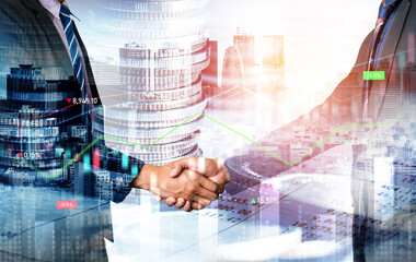 Business handshake on finance prosperity and money technology asset background . Economy and...