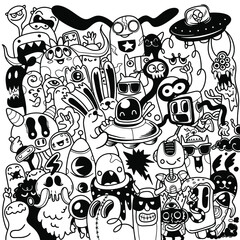 Abstract grunge urban pattern with monster character  super drawing in graffiti style. vector illustration