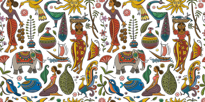 Tropical life, fairy nature background. Art with women, birds and elephant. Frame for your design