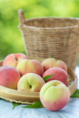 Peach fruit with leaf in bamboo basket on blur garden background, Fresh Sweet Peach on wooden basket over natural farm background.
