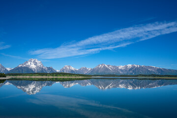 landscape of snow mountain in grand teton reflecting in the lake