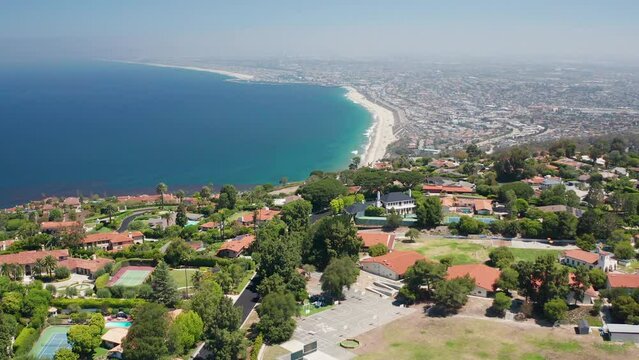 Aerial view of Pacific Ocean and Palos Verdes mansions in southern California
