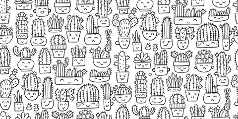 Cute cactus family. Kawaii potted plant. Seamless pattern background for your design