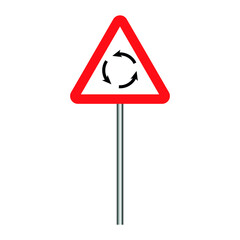 roundabout ahead sign with pole. Traffic sign vector illustration