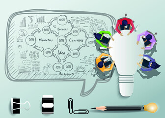 Fototapeta premium Businessman and Lady Brainstorm Brainstorm for Success with lamp - Sketch plan Business icon various - Creativity modern Idea and Concept illustration