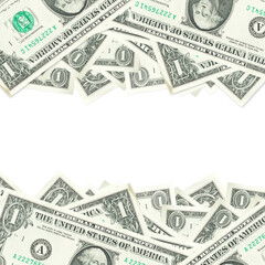 Frame of 1 dollars banknotes, many identical money notes in a mess