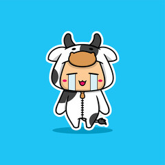 vector illustration of a little boy wearing cow costume