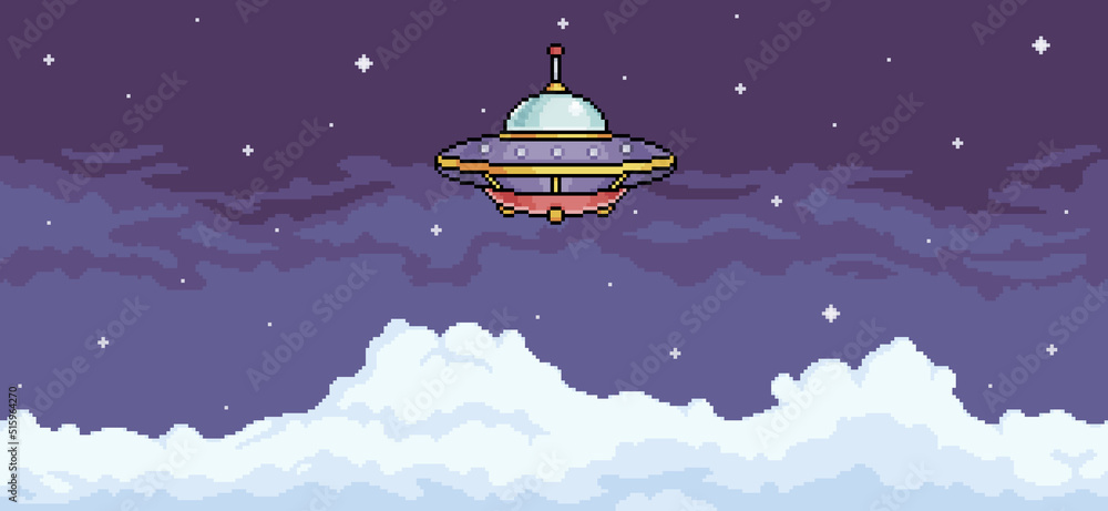 Poster pixel art ufo in the cloudy sky. alien spaceship flying in the night sky. 8 bit vector background